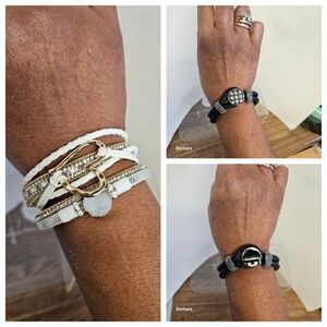 2 Leather Braided Strap Bracelets in White and Black with Changeable Head